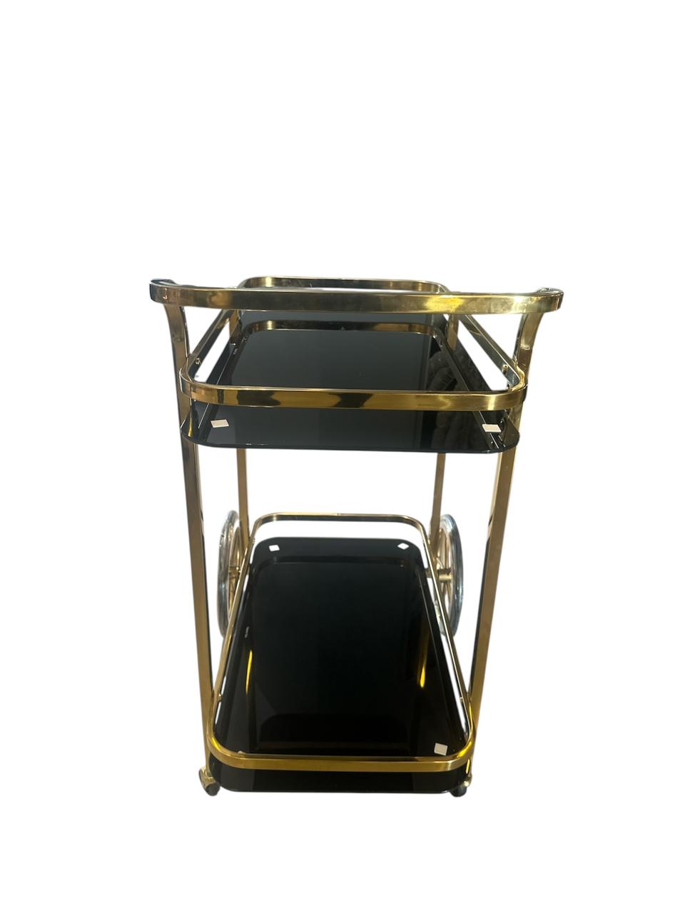 Elegant Gold Bar Cart with Black Glass Shelves