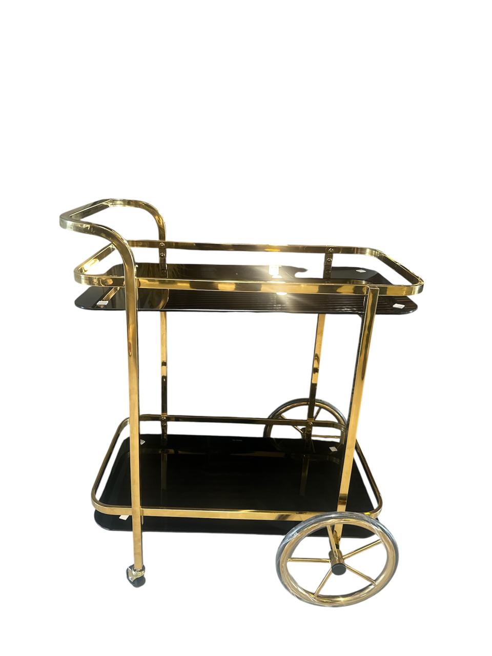 Elegant Gold Bar Cart with Black Glass Shelves
