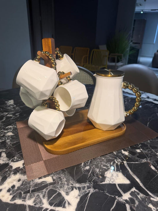 Modern Ceramic Coffee Set with Wooden Stand