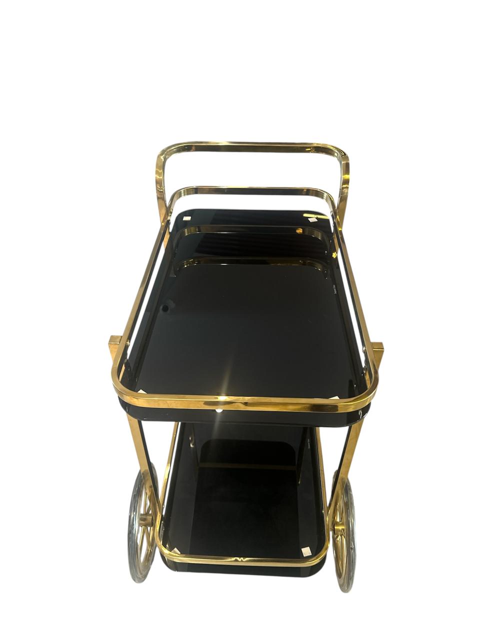 Elegant Gold Bar Cart with Black Glass Shelves
