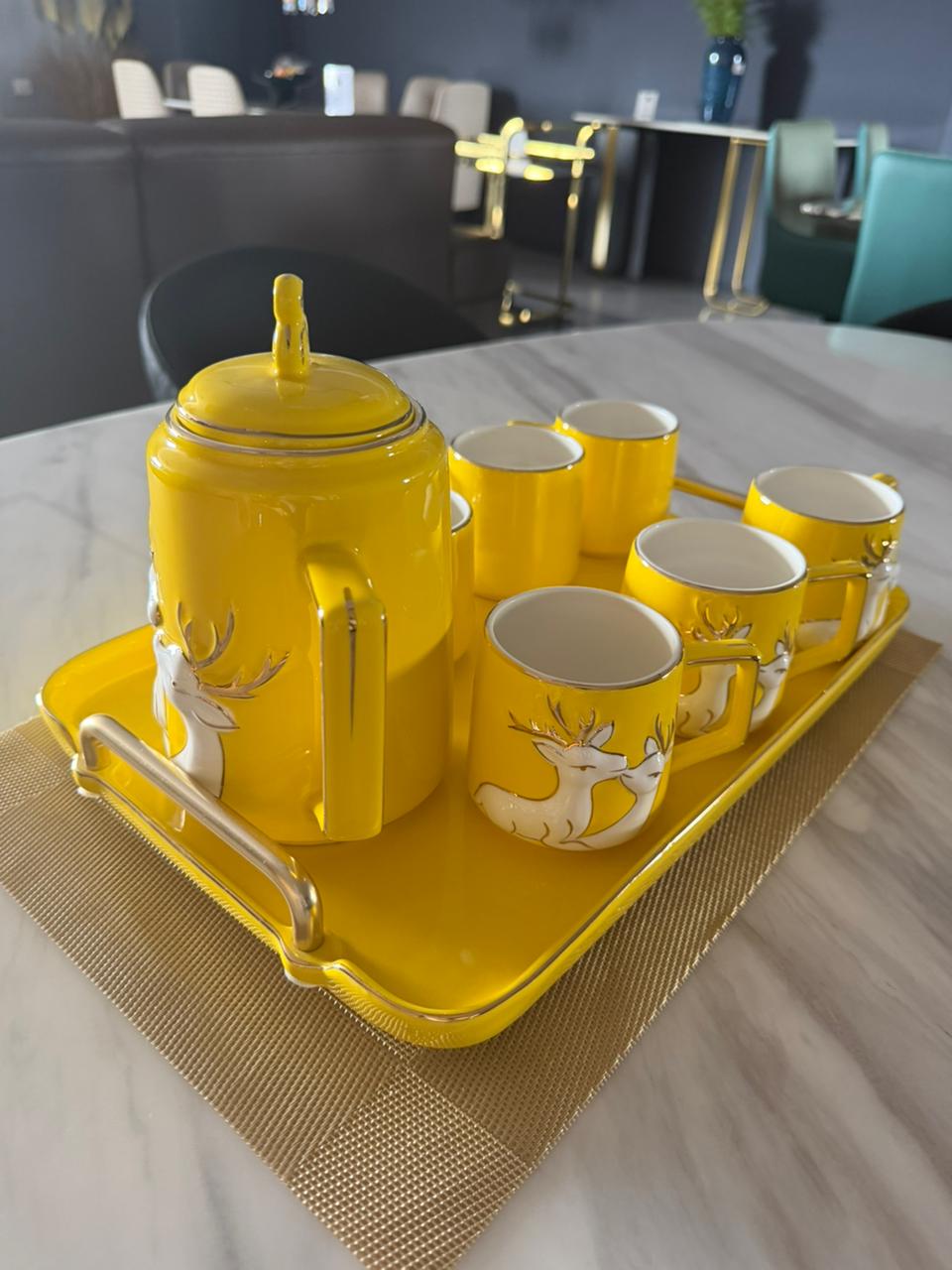 Sunshine Deer Ceramic Coffee Set with Serving Tray